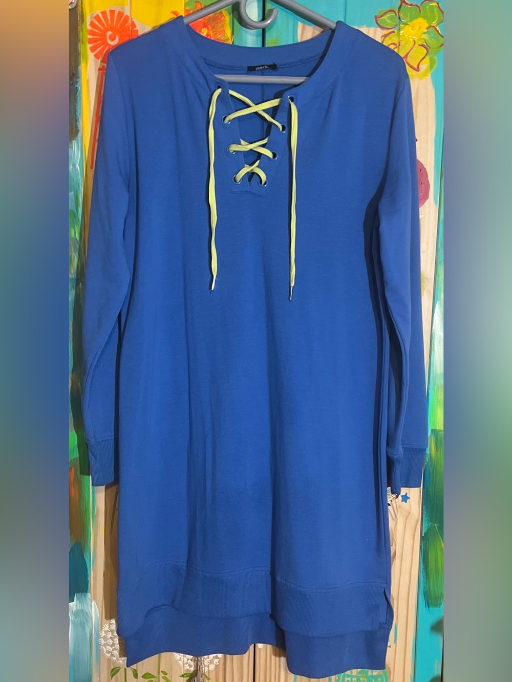 Mark Ocean Blue Casual Dress with Neon Green Tie Strings | Sporty Chic
